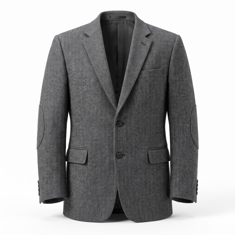 Jos. A. Bank Mens 46L Grey Herringbone 100% Wool Blazer Sport Coat Elbow Patches